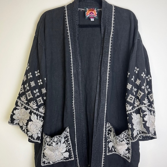 Johnny Was Black Linen Embroidered Kimono Jacket L Boho Open Cardigan Western - Picture 2 of 10